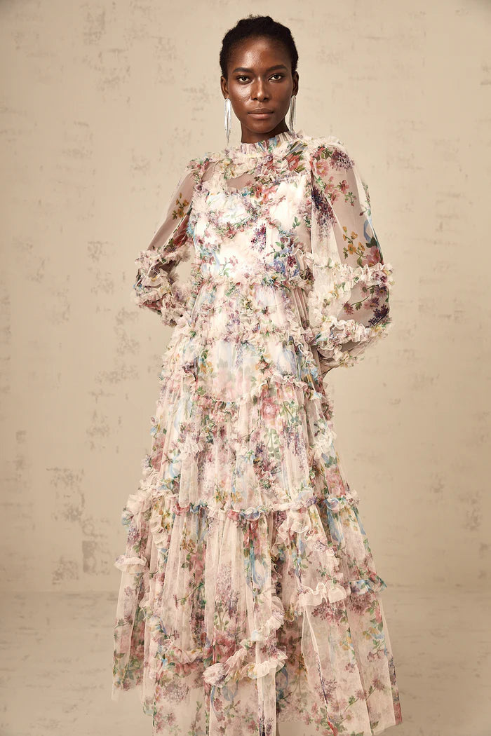 Candice Floral Ruffled Tulle Midi Dress-Apricot