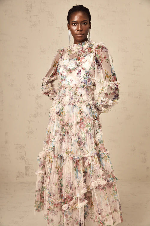 Candice Floral Ruffled Tulle Midi Dress-Apricot