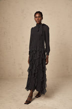Polka Dot Mock-Neck Midi Dress-Black
