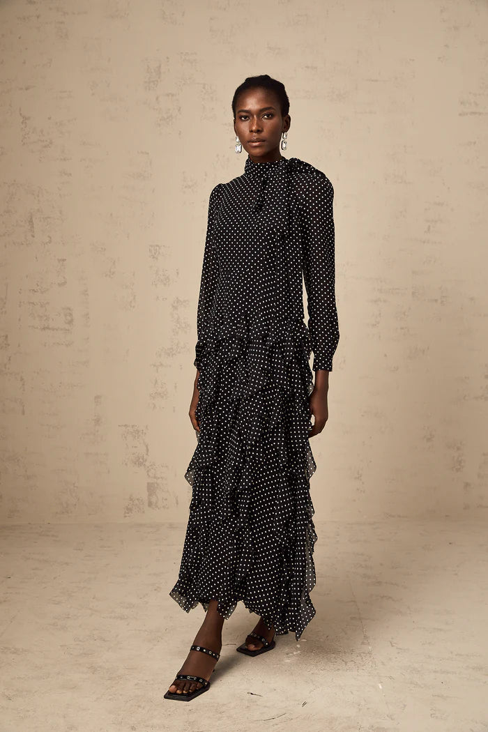 Polka Dot Mock-Neck Midi Dress-Black
