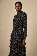 Polka Dot Mock-Neck Midi Dress-Black