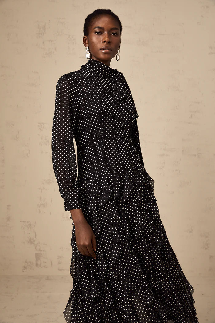 Polka Dot Mock-Neck Midi Dress-Black