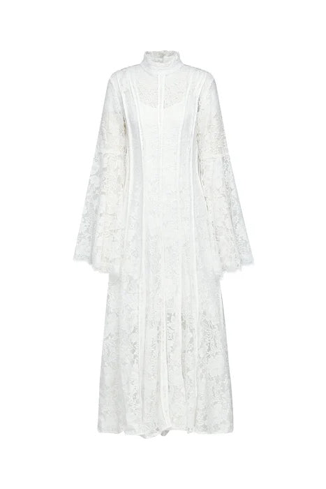 Olivia Mock Neck Lace Maxi Dress-White