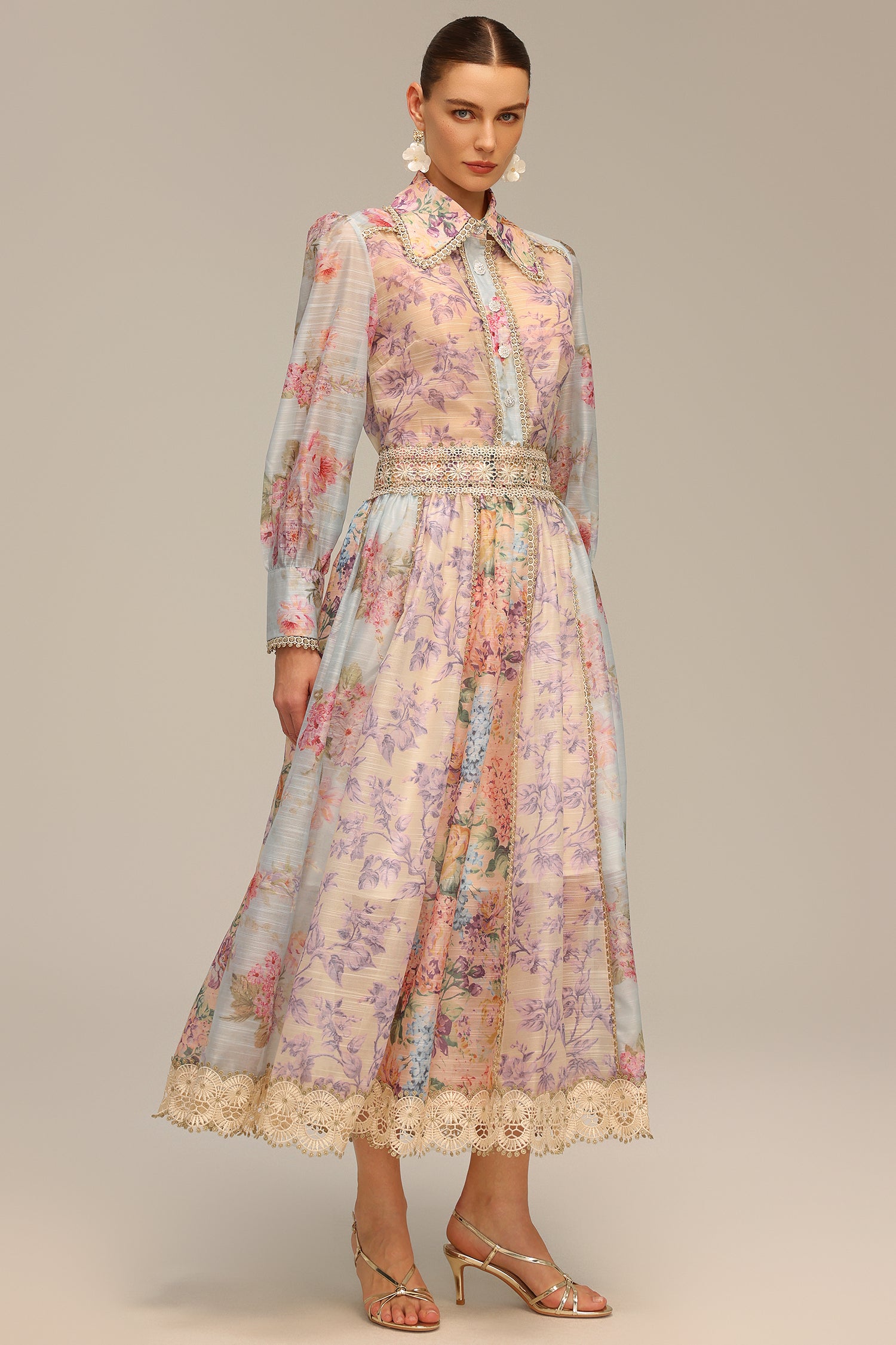 Ruby Long Sleeve Floral Printed Lace Top And Skirt Two-Piece Set	