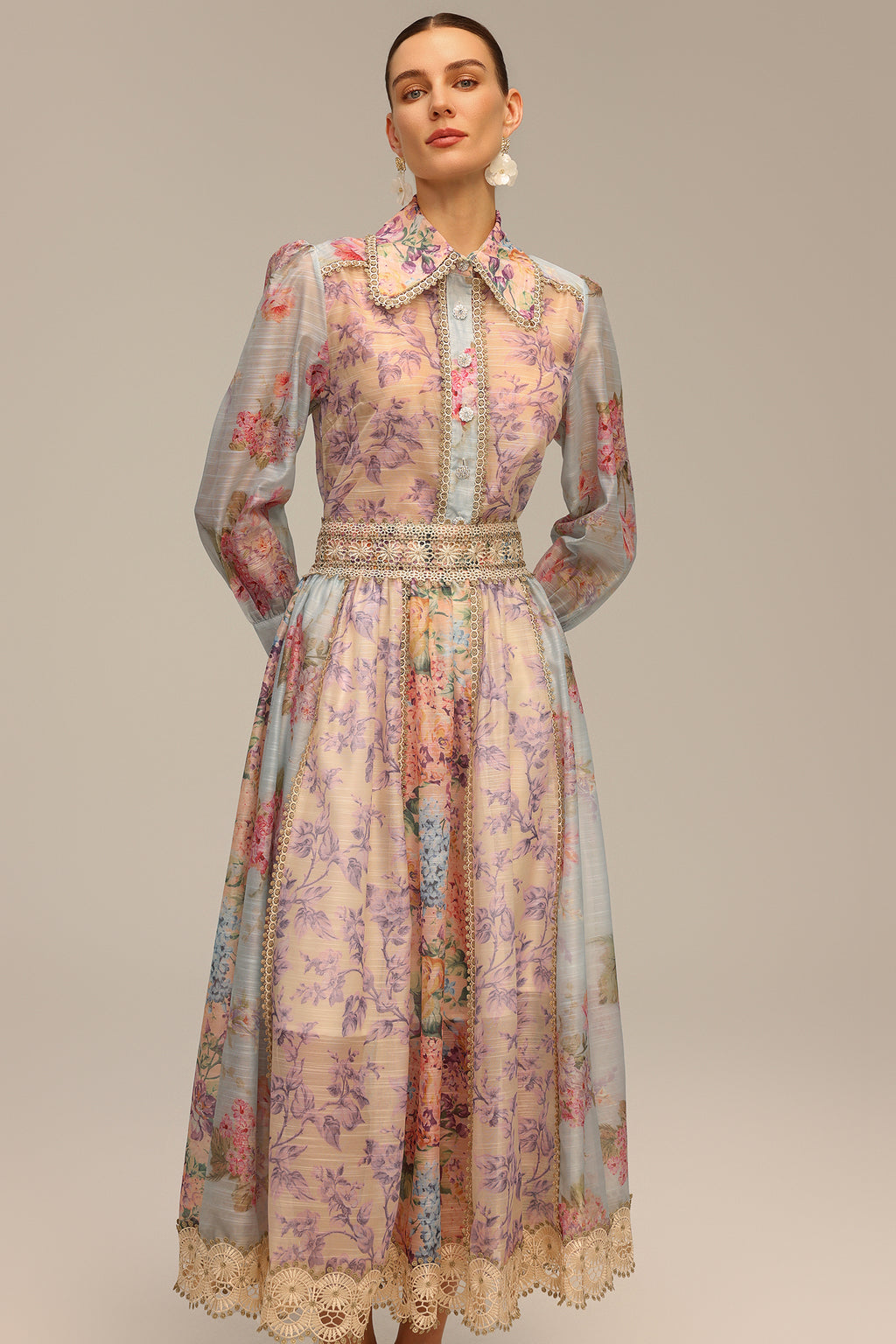 Ruby Long Sleeve Floral Printed Lace Top And Skirt Two-Piece Set	