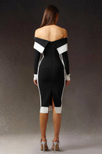 Mattey Off-The-Shoulder Long Sleeves Stripes Bandage Midi Dress	