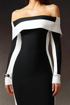 Mattey Off-The-Shoulder Long Sleeves Stripes Bandage Midi Dress	