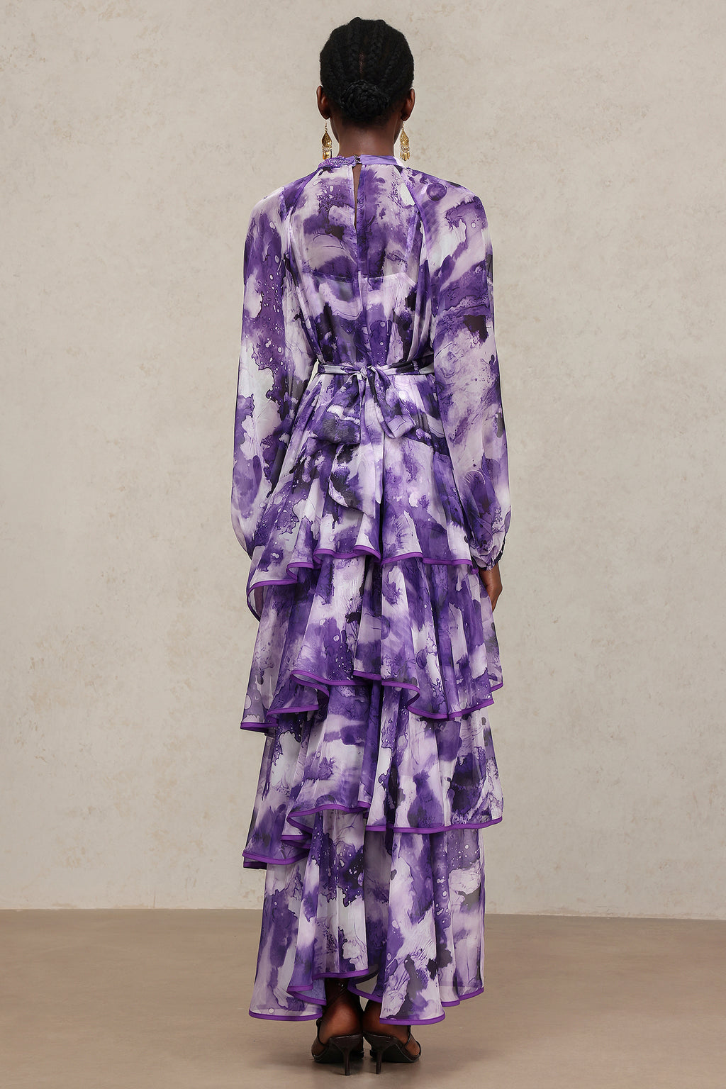 Jolie Round Neck Long Sleeves Floral Printed Folds Maxi Dress	