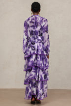Jolie Round Neck Long Sleeves Floral Printed Folds Maxi Dress	