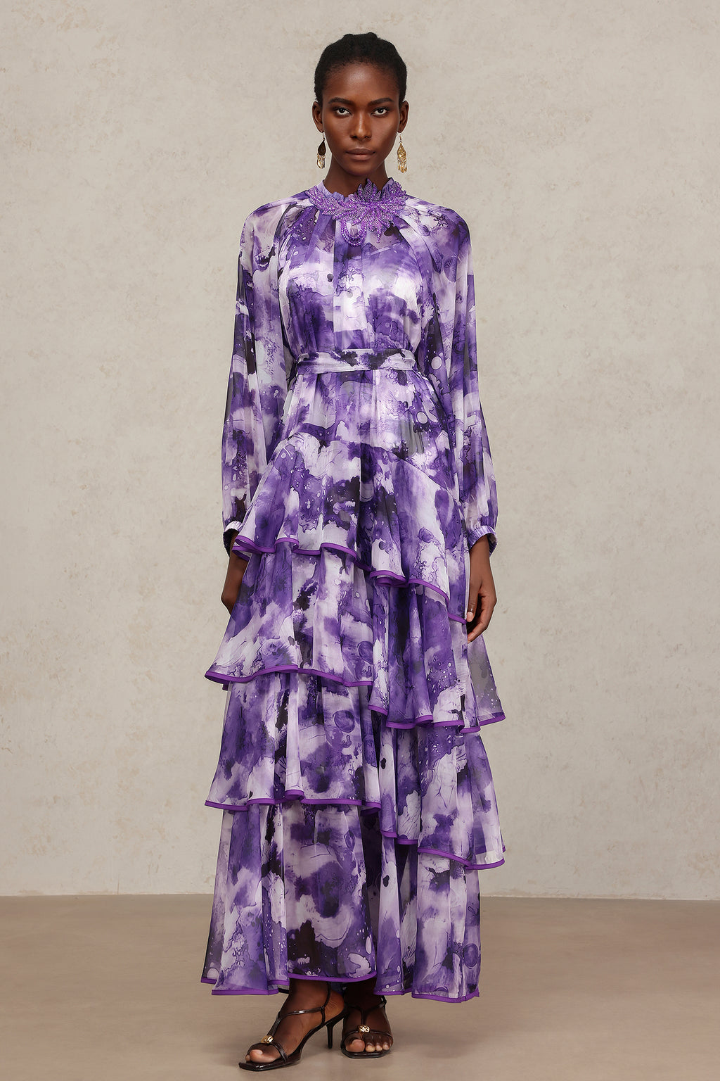 Jolie Round Neck Long Sleeves Floral Printed Folds Maxi Dress	