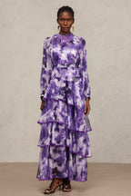 Jolie Round Neck Long Sleeves Floral Printed Folds Maxi Dress	