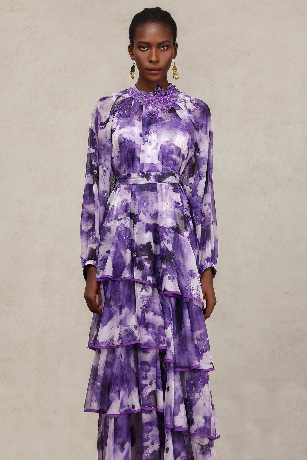 Jolie Round Neck Long Sleeves Floral Printed Folds Maxi Dress	