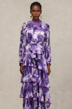 Jolie Round Neck Long Sleeves Floral Printed Folds Maxi Dress	