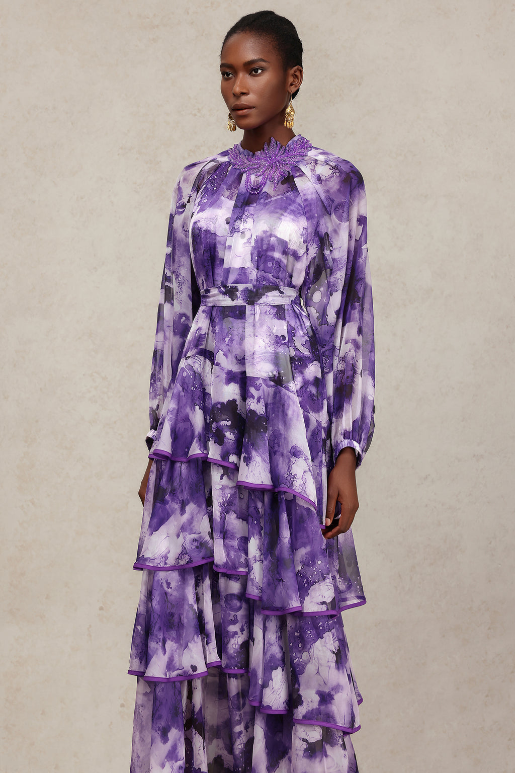 Jolie Round Neck Long Sleeves Floral Printed Folds Maxi Dress	