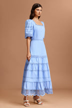 Erise Square Collar Puff Sleeves Lace Maxi Dress	