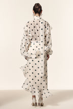 Vleah Streamer Long Sleeves Dot Printed Asymmetric Folds Midi Dress