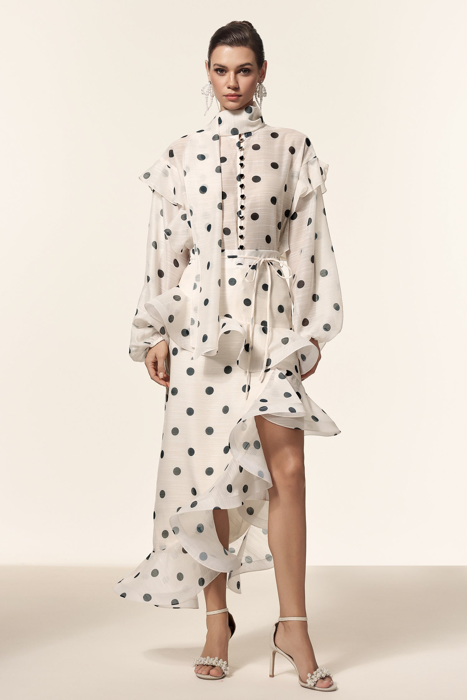 Vleah Streamer Long Sleeves Dot Printed Asymmetric Folds Midi Dress