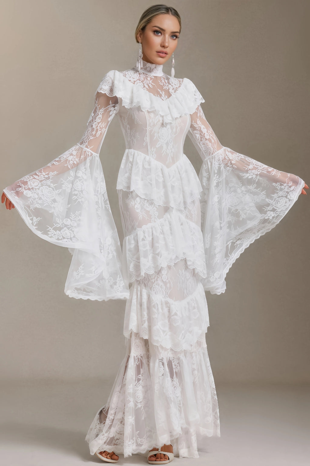 Coveie Lace Ruffle Maxi Dress - White