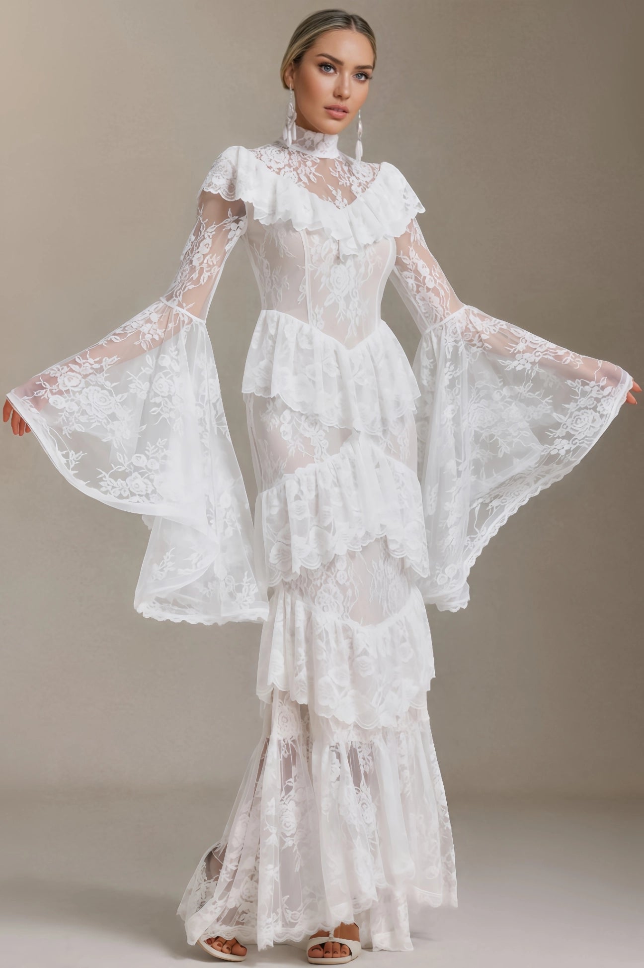 Coveie Lace Ruffle Maxi Dress - White