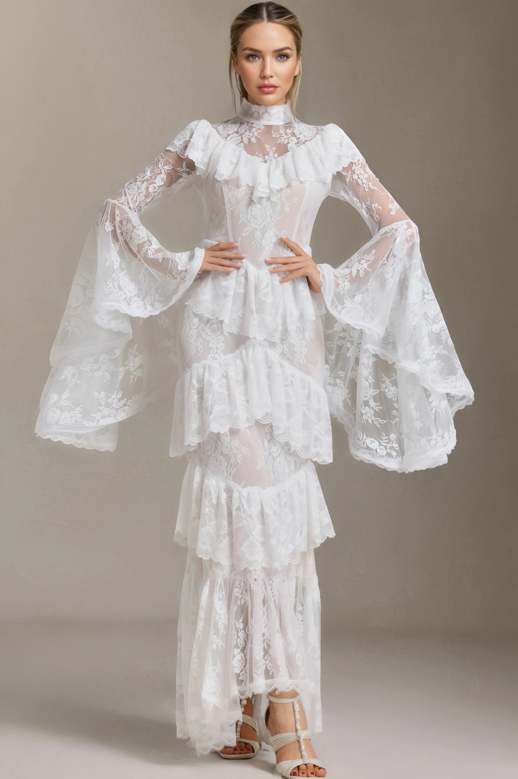 Coveie Lace Ruffle Maxi Dress - White
