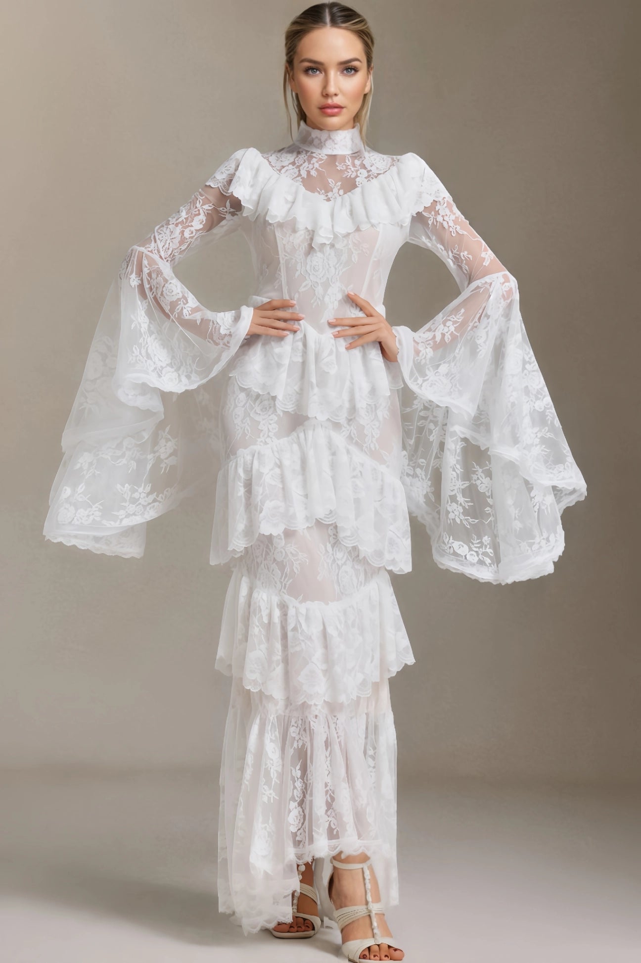 Coveie Lace Ruffle Maxi Dress - White