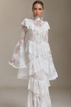 Coveie Lace Ruffle Maxi Dress - White