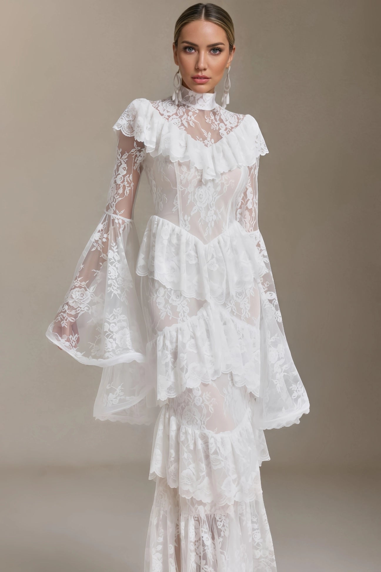 Coveie Lace Ruffle Maxi Dress - White