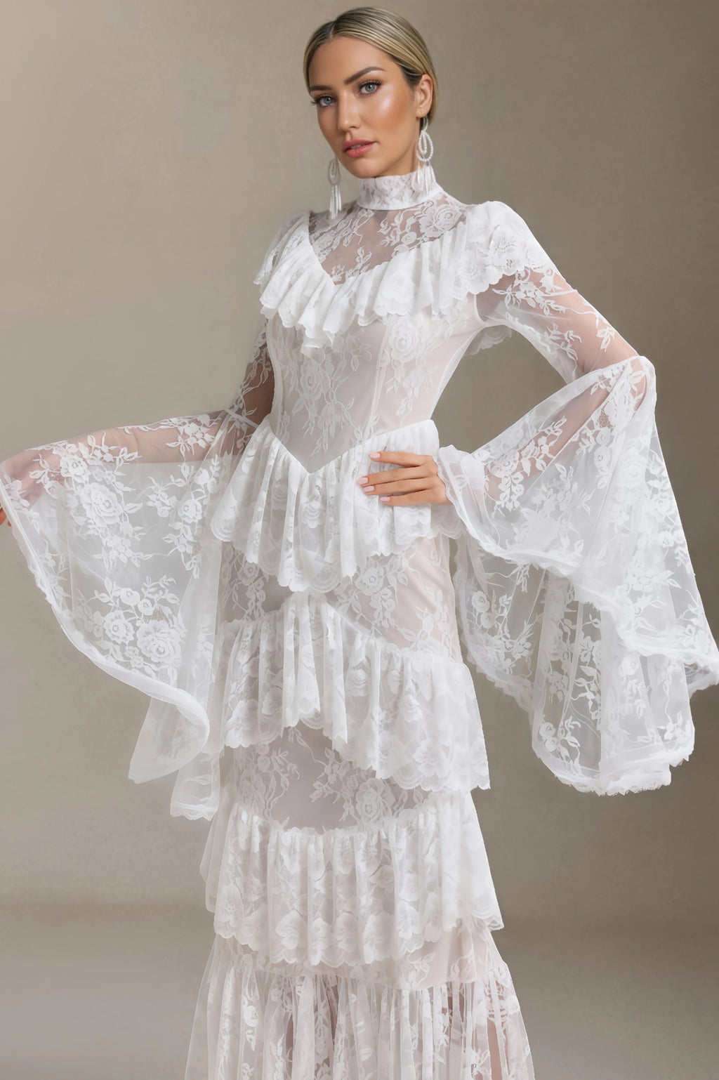 Coveie Lace Ruffle Maxi Dress - White