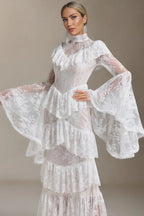 Coveie Lace Ruffle Maxi Dress - White