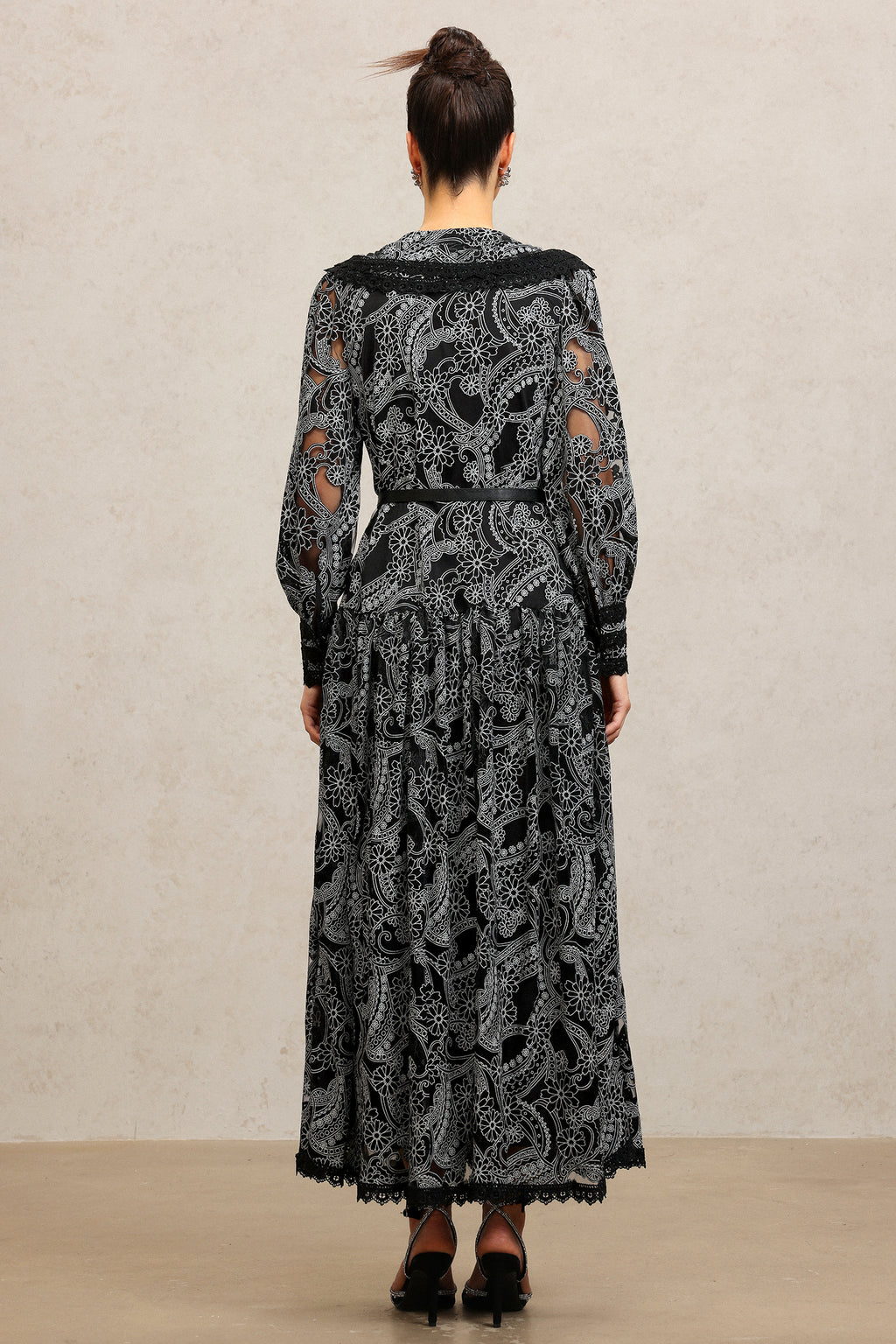 Nailah V-Neck Long Sleeves Lace Folds Maxi Dress	
