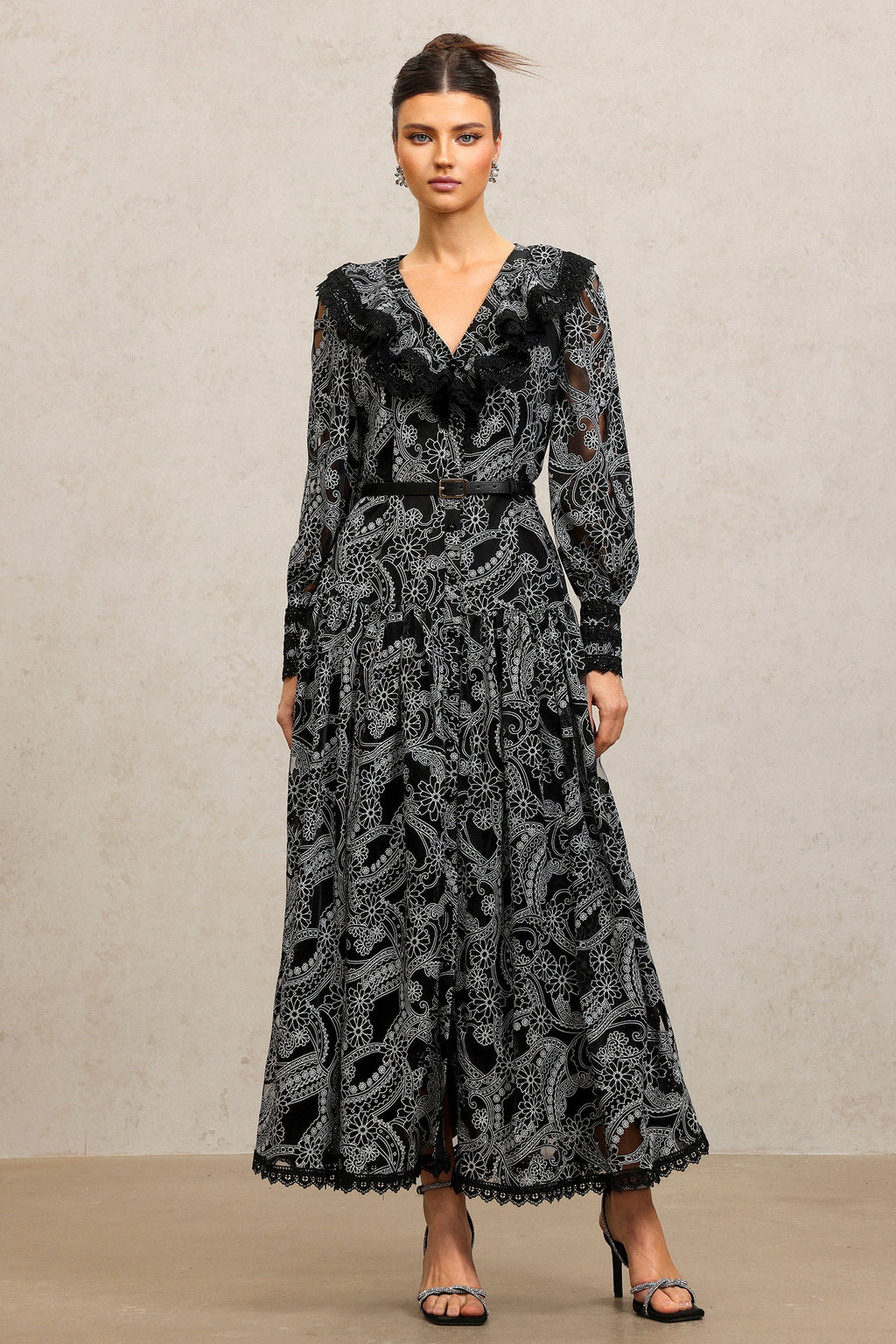 Nailah V-Neck Long Sleeves Lace Folds Maxi Dress	