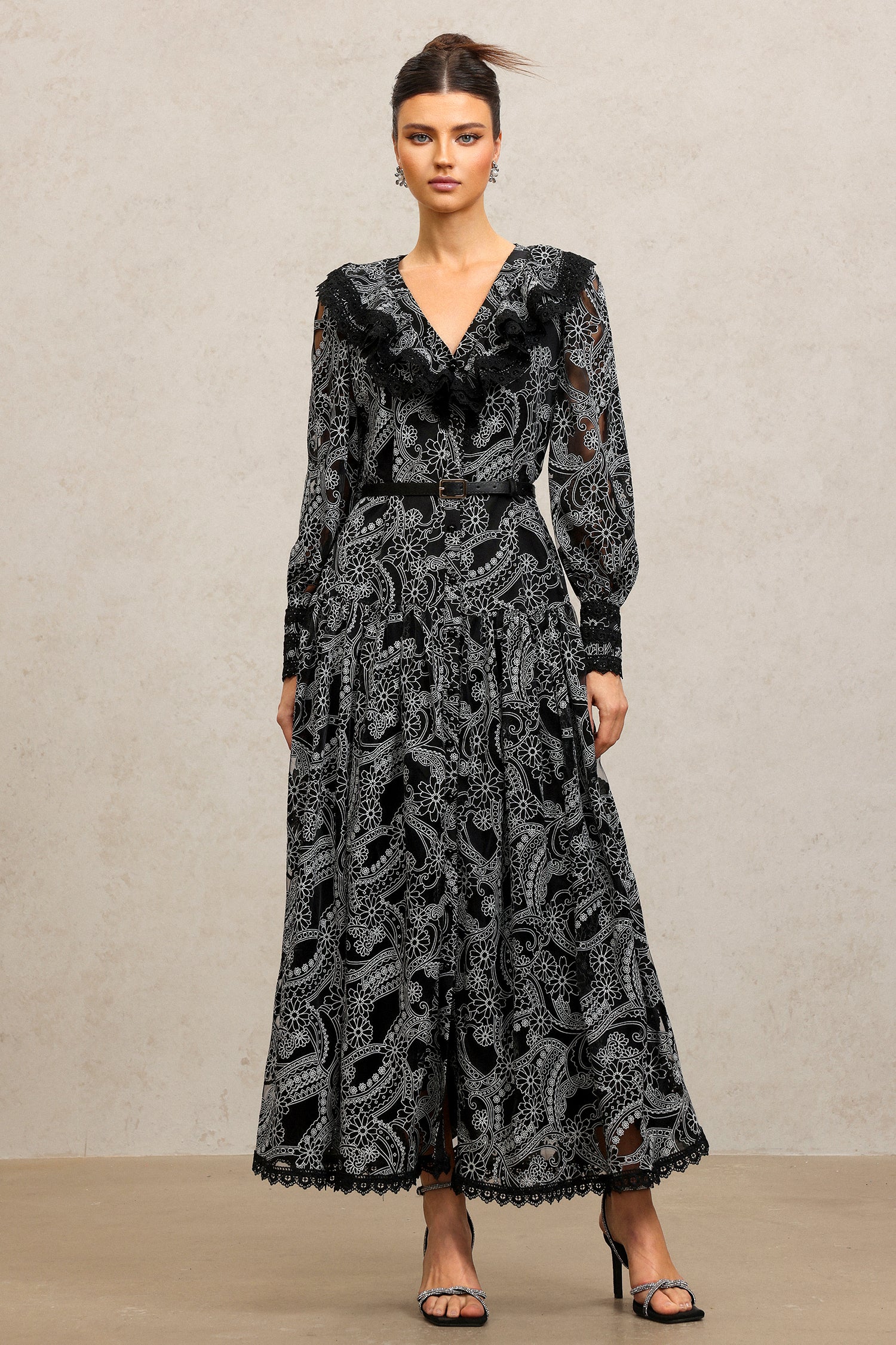 Nailah V-Neck Long Sleeves Lace Folds Maxi Dress	