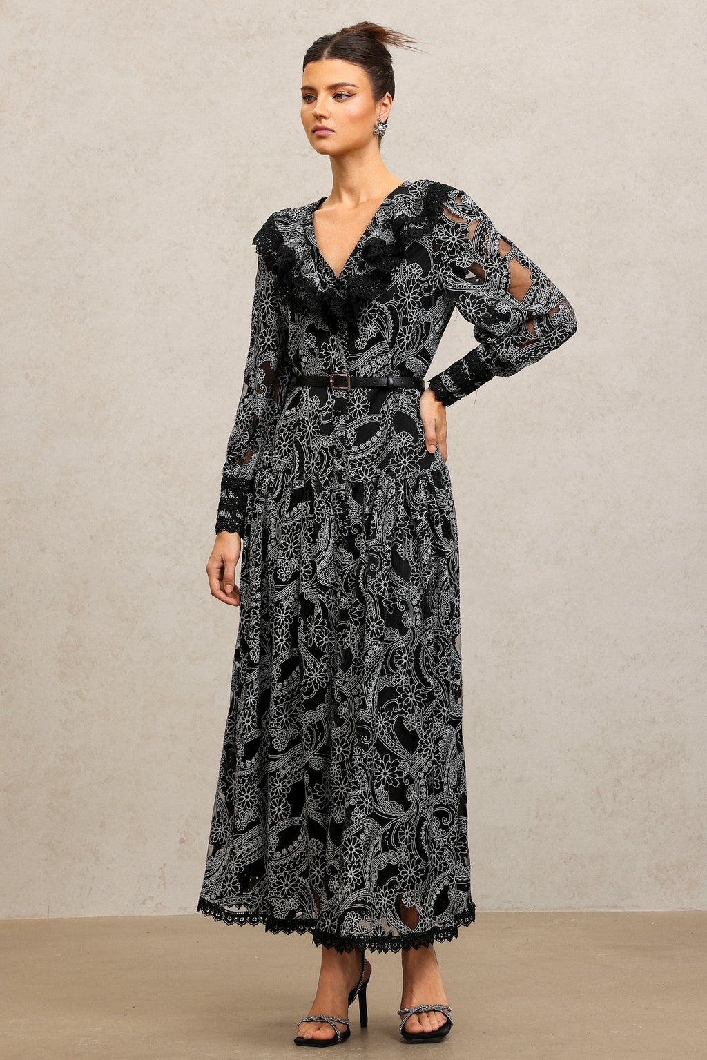 Nailah V-Neck Long Sleeves Lace Folds Maxi Dress	
