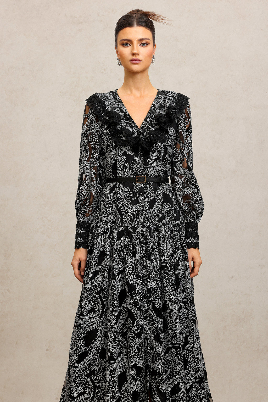 Nailah V-Neck Long Sleeves Lace Folds Maxi Dress	