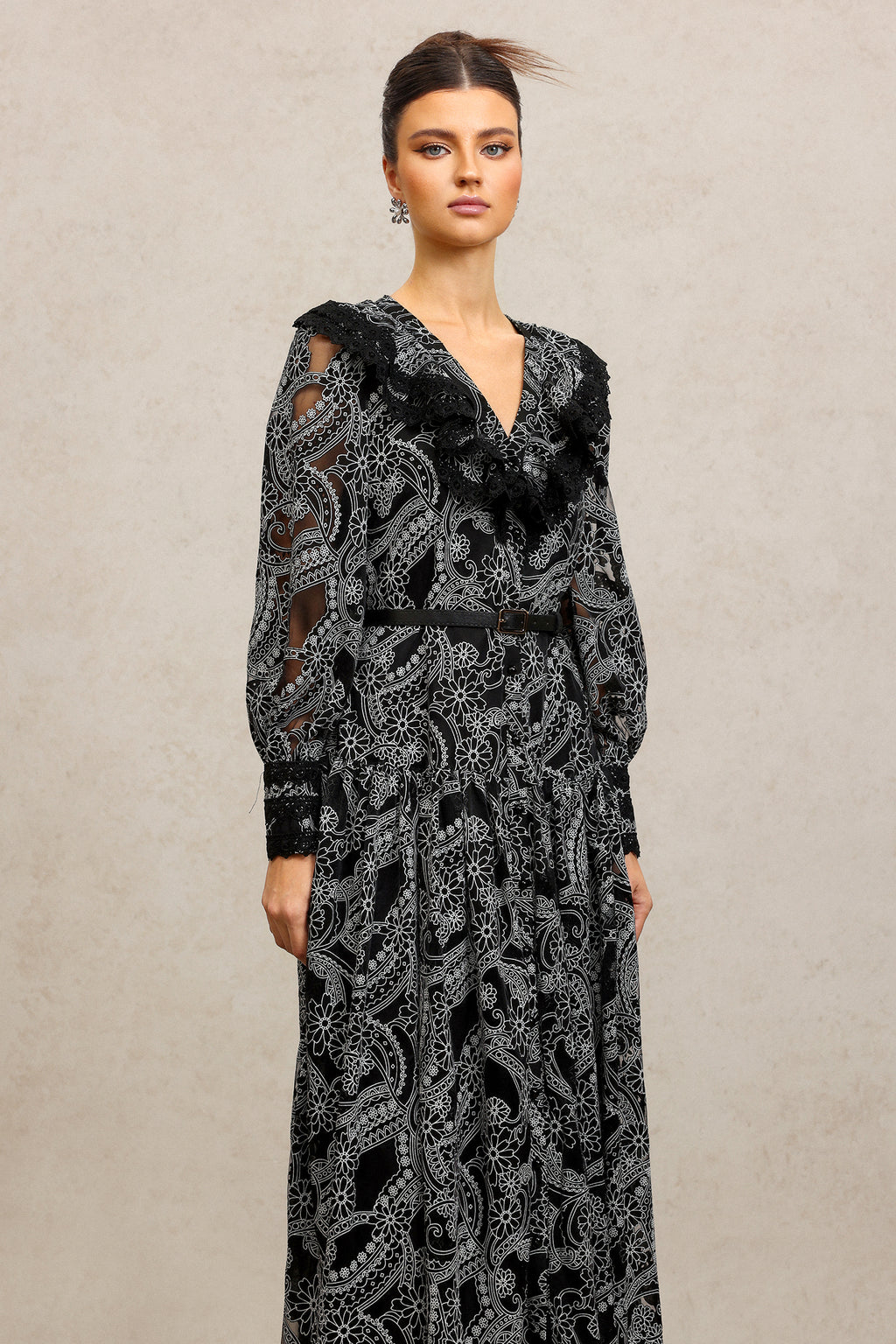 Nailah V-Neck Long Sleeves Lace Folds Maxi Dress	
