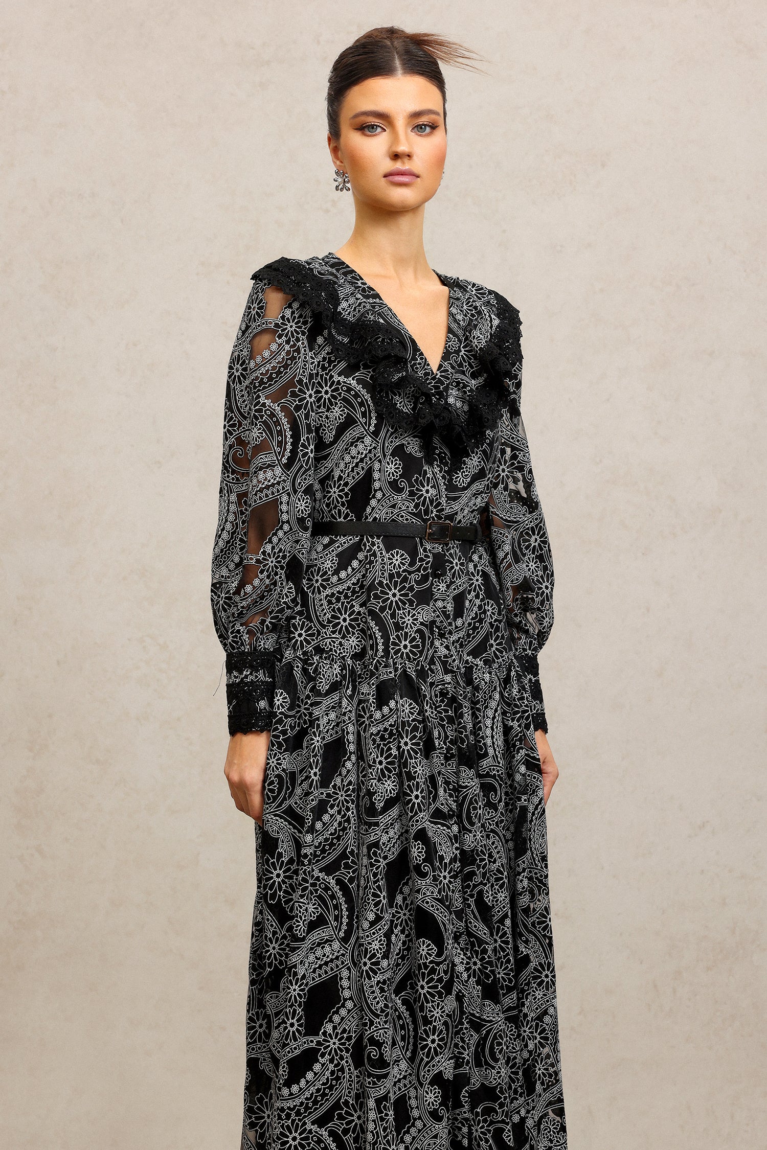Nailah V-Neck Long Sleeves Lace Folds Maxi Dress	