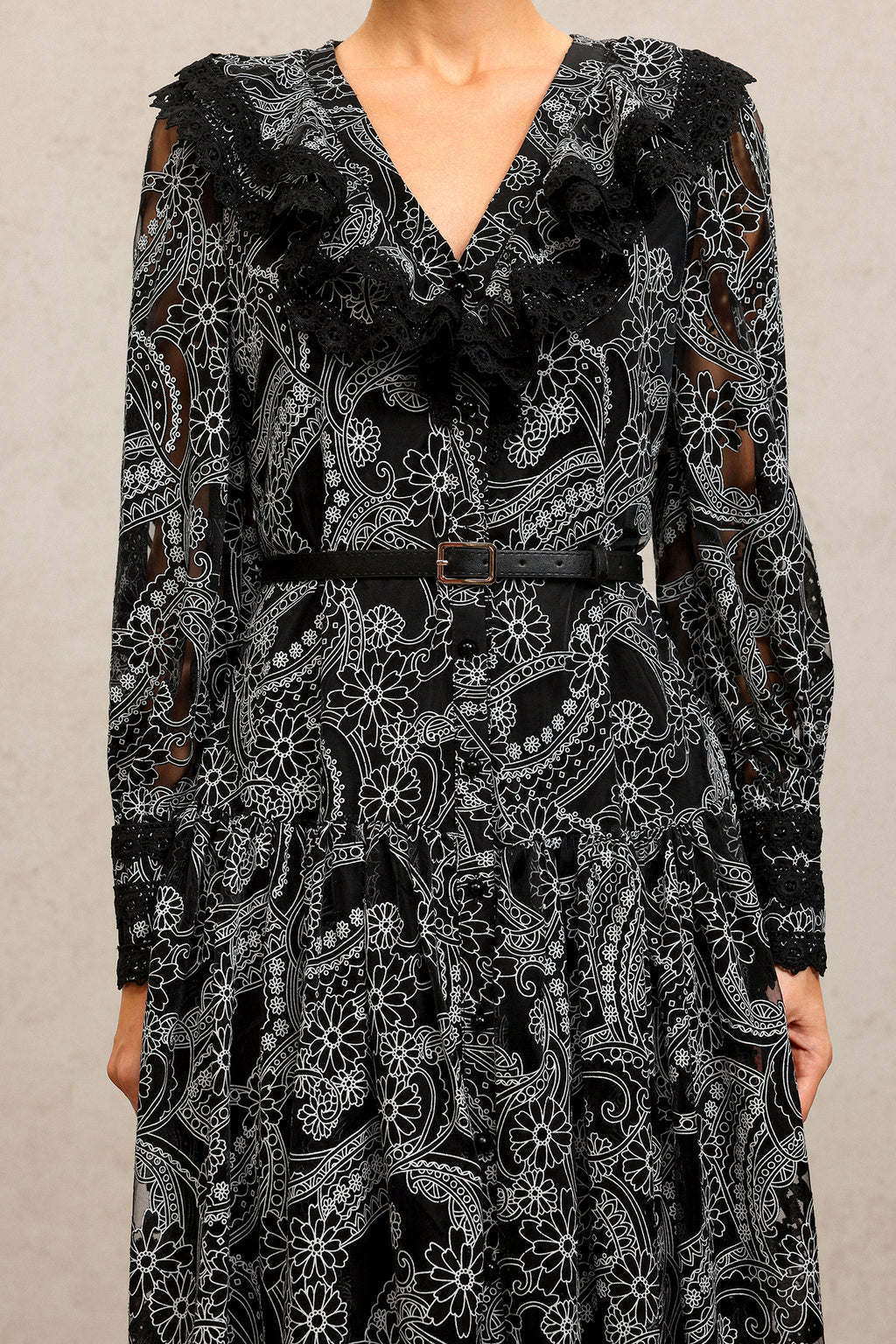 Nailah V-Neck Long Sleeves Lace Folds Maxi Dress	
