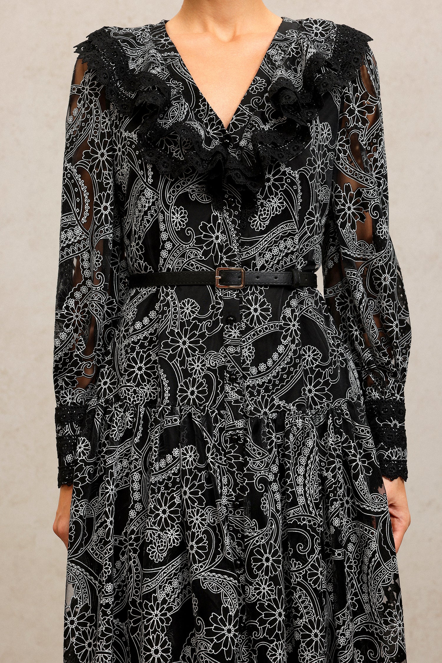 Nailah V-Neck Long Sleeves Lace Folds Maxi Dress	