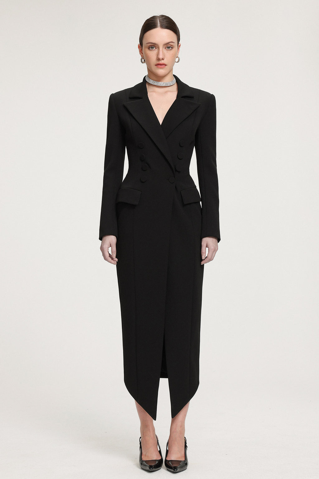 Double-Breasted Asymmetric Hem Crepe Maxi Coat	