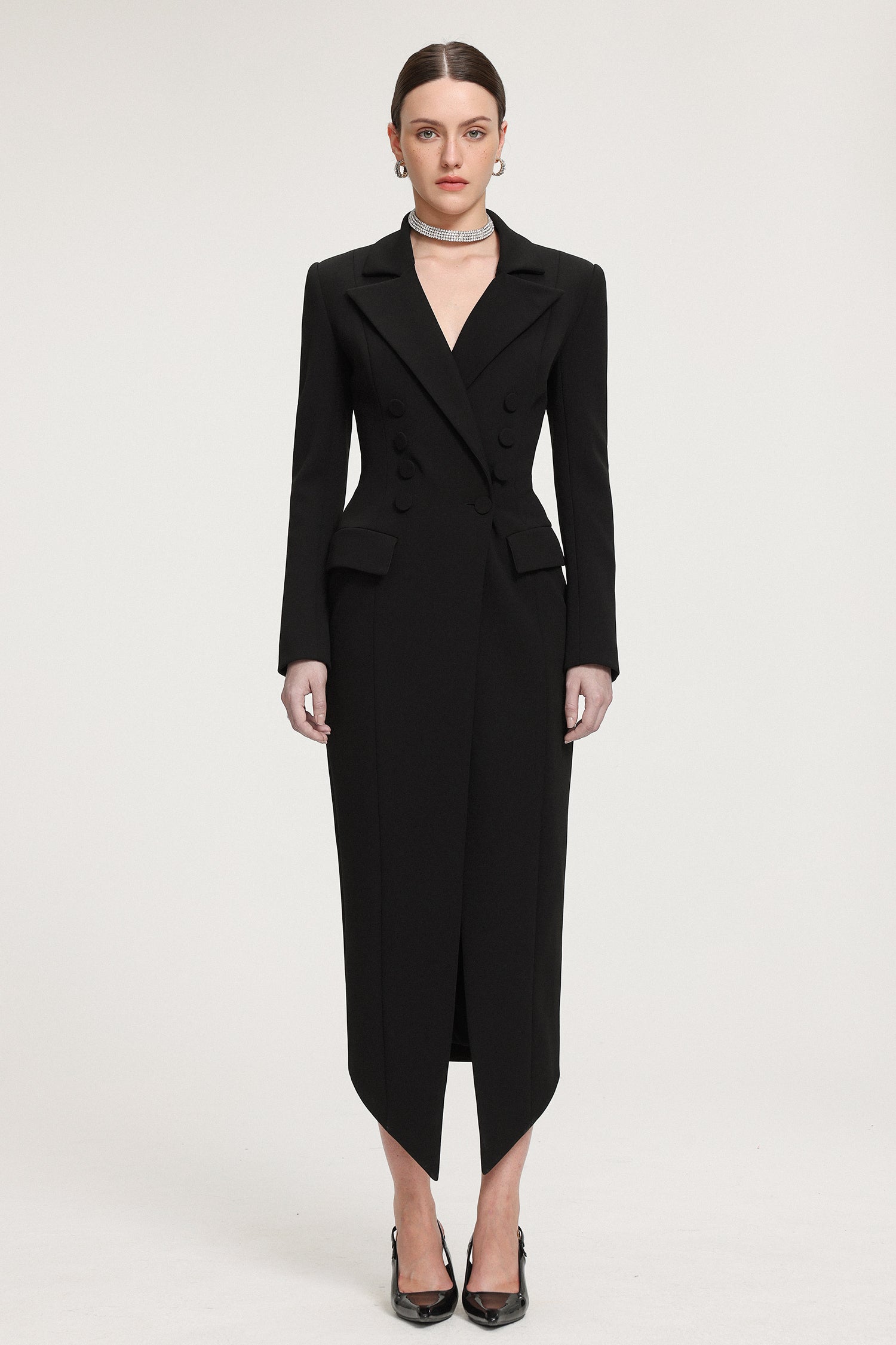 Double-Breasted Asymmetric Hem Crepe Maxi Coat	
