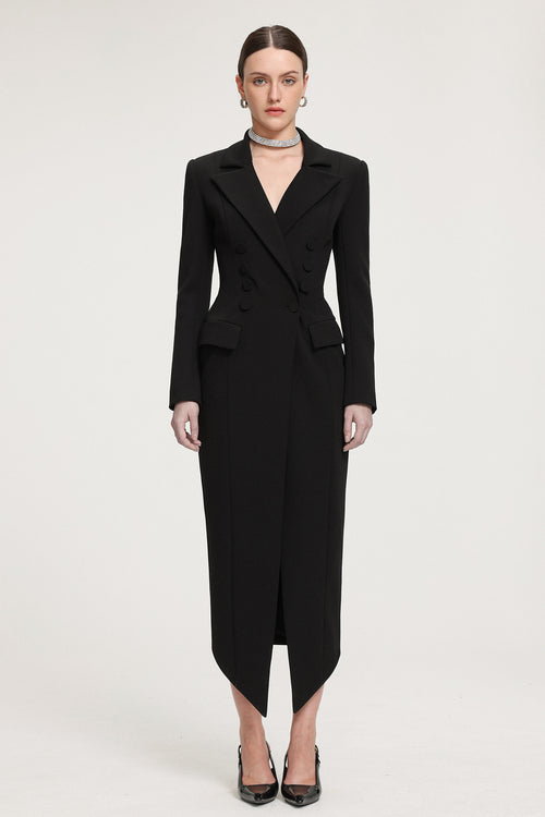 Double-Breasted Asymmetric Hem Crepe Maxi Coat	