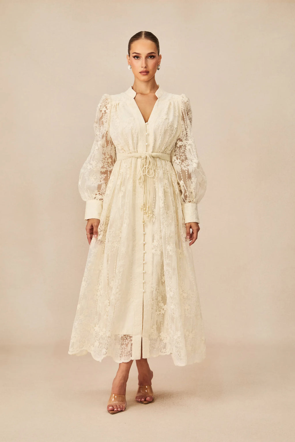 Elena Lace Embroidered Buttoned Maxi Dress-White