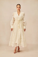 Elena Lace Embroidered Buttoned Maxi Dress-White