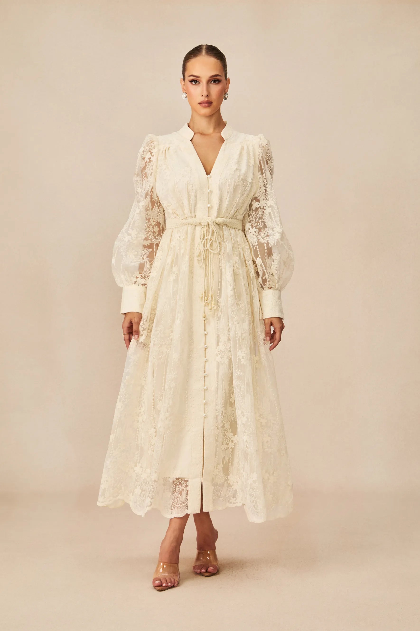 Elena Lace Embroidered Buttoned Maxi Dress-White