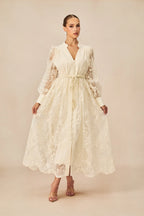 Elena Lace Embroidered Buttoned Maxi Dress-White