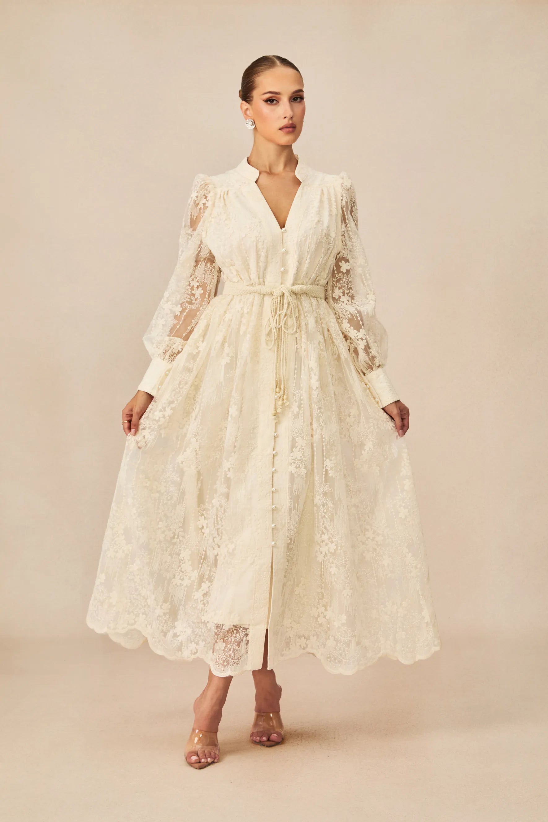 Elena Lace Embroidered Buttoned Maxi Dress-White