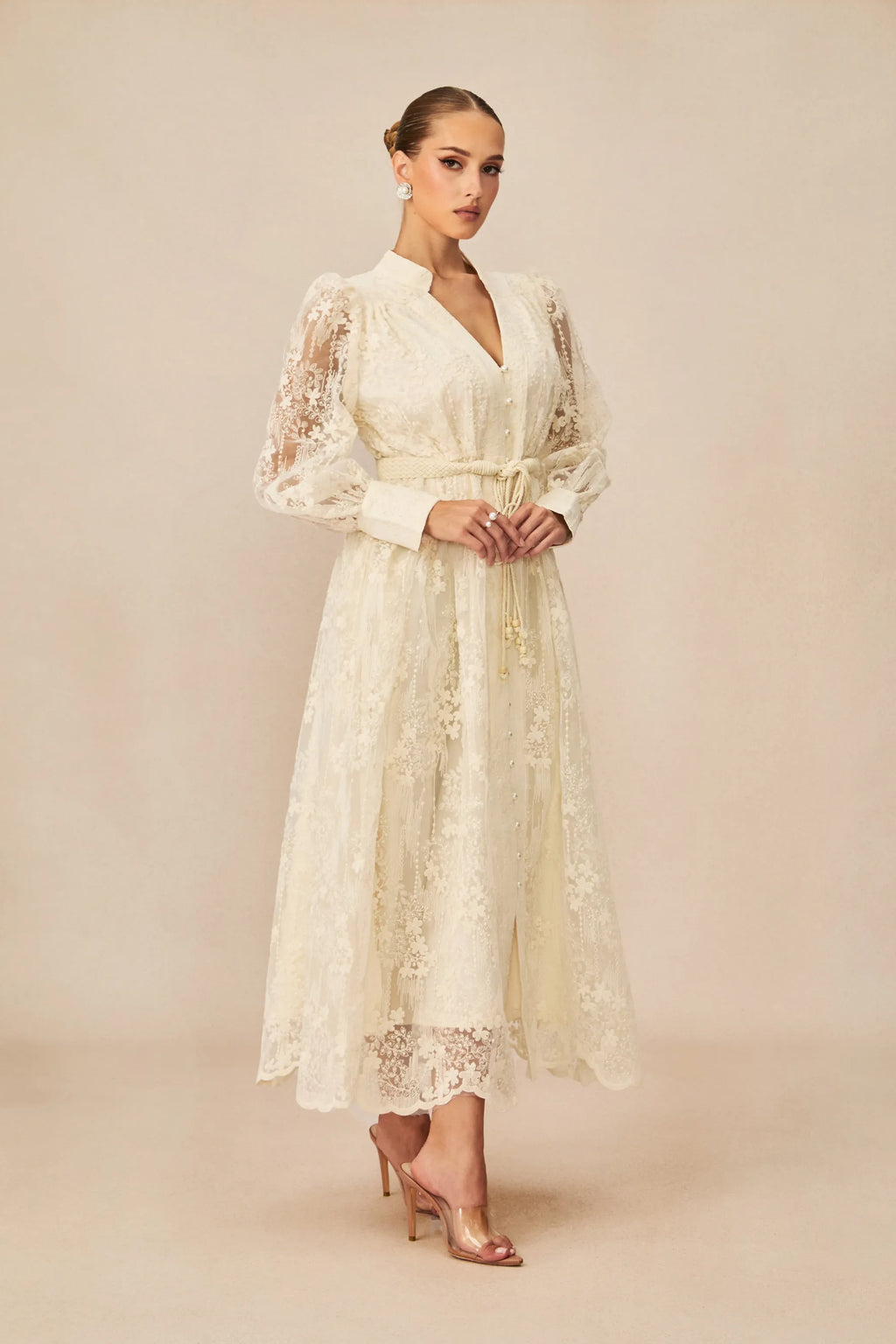 Elena Lace Embroidered Buttoned Maxi Dress-White