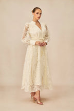 Elena Lace Embroidered Buttoned Maxi Dress-White