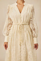 Elena Lace Embroidered Buttoned Maxi Dress-White