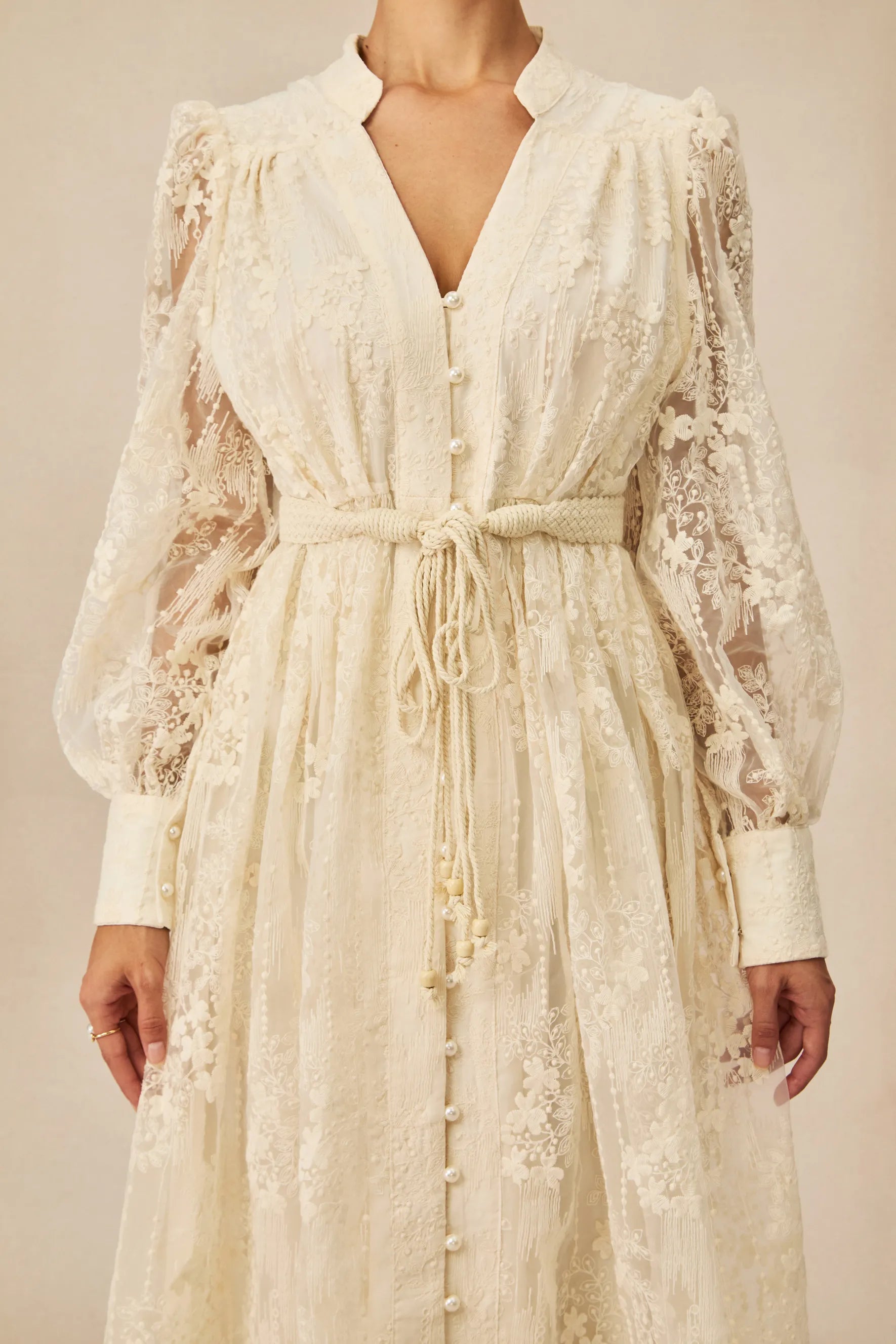 Elena Lace Embroidered Buttoned Maxi Dress-White